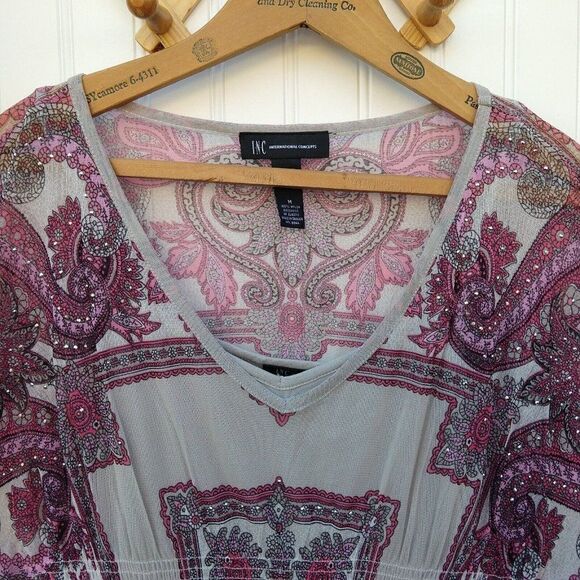 Y2K Mesh Batwing Sleeve Top Size M Pink Paisley Print Embellished Vintage Womens - Picture 3 of 9